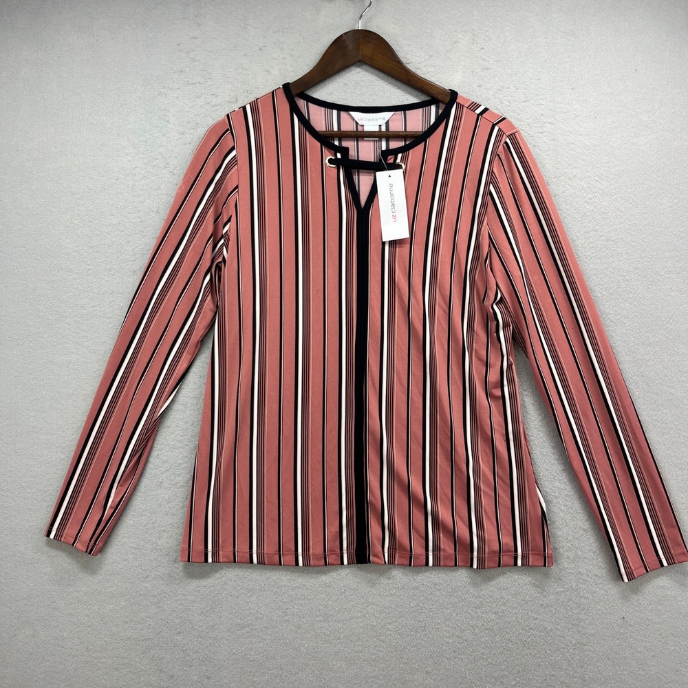 Liz Claiborne‎ Top Womens Medium Rose Stripe Keyhole Grommet Long Sleeve NWT